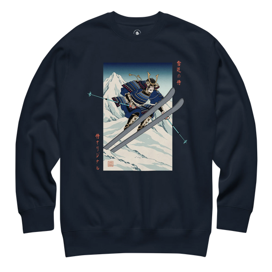Samurai Skiing Ukiyo-e Unisex Premium Sweatshirt Navy Blazer - Samurai Original
