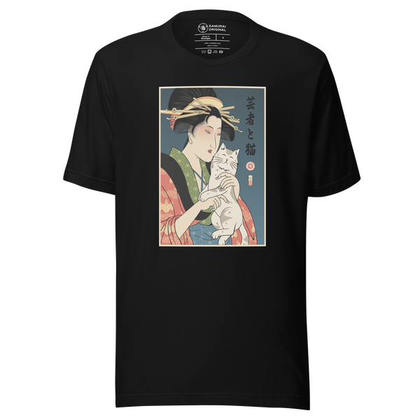 Geisha and Cat Funny Japanese Ukiyo-e Unisex T-Shirt 1 - Samurai Original