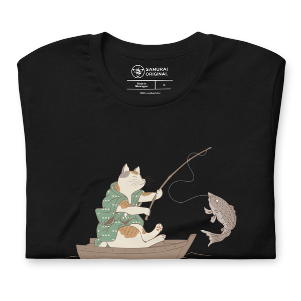 Cat Fishing Funny Japanese Ukiyo-e Unisex T-shirt - Samurai Original