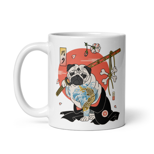 Samurai Pug Dog Ukiyo-e White Glossy Mug
