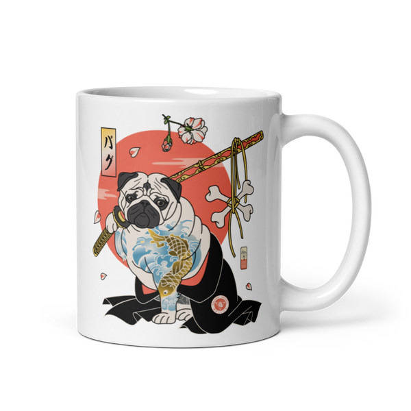 Samurai Pug Dog Ukiyo-e White Glossy Mug