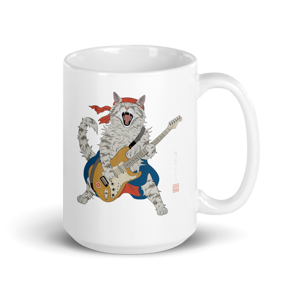 Cat Playing Guitar Japanese Ukiyo-e White glossy mug 3