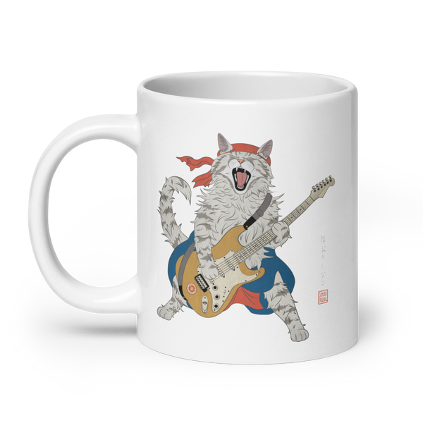 Cat Playing Guitar Japanese Ukiyo-e White glossy mug 3