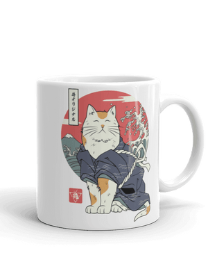 Cat Samurai Funny Japanese Ukiyo-e White Glossy Mug - Samurai Original