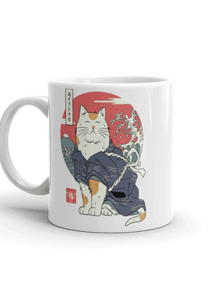 Cat Samurai Funny Japanese Ukiyo-e White Glossy Mug - Samurai Original