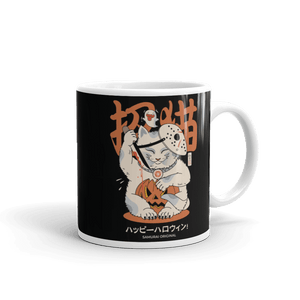 Halloween Cat Maneki Neko & Jason Voorhees Mask White Glossy Mug Samurai Original