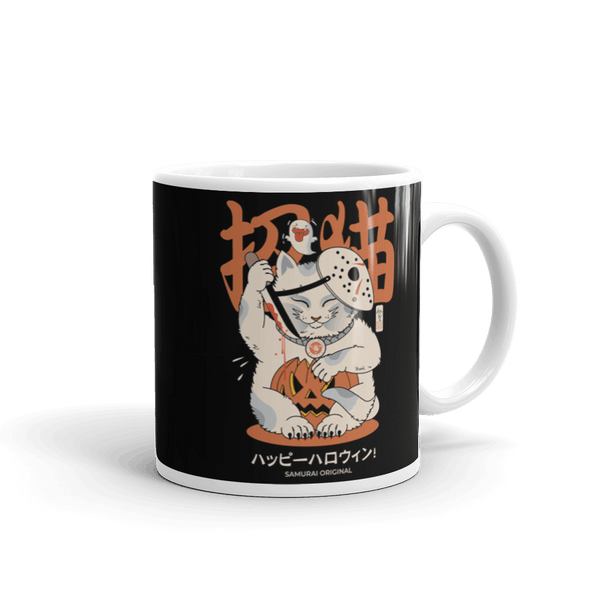 Halloween Cat Maneki Neko & Jason Voorhees Mask Japanese White Glossy Mug - Samurai Original