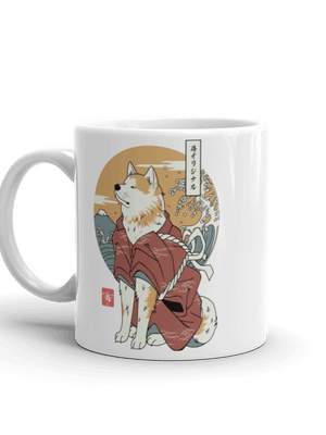 Samurai Dog Akita White Best Friend Funny Ukiyo-e Glossy Mug Samurai Original
