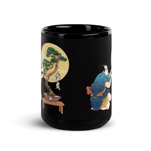 Samurai and Bonsai Tree Japanese Ukiyo-e Black Glossy Mug 2