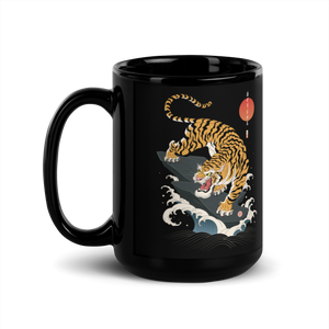 Tiger Japanese Ukiyo-e Black Glossy Mug - Samurai Original