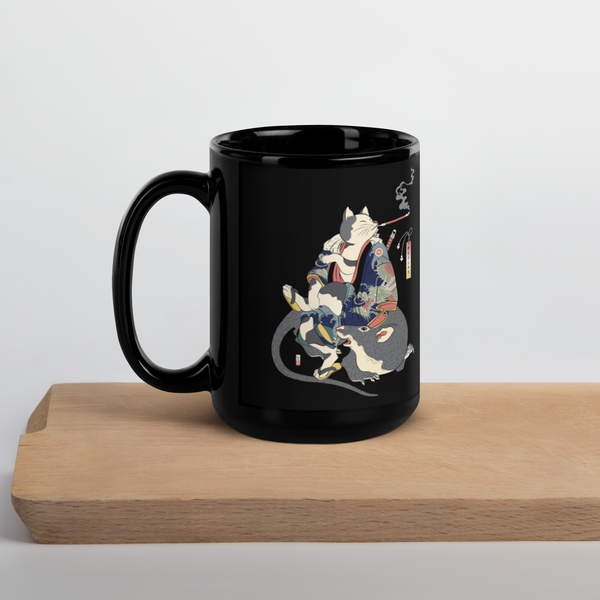 [ONLY IN THE US] Cat Samurai and Mouse Ukiyo-e Black Glossy Mug