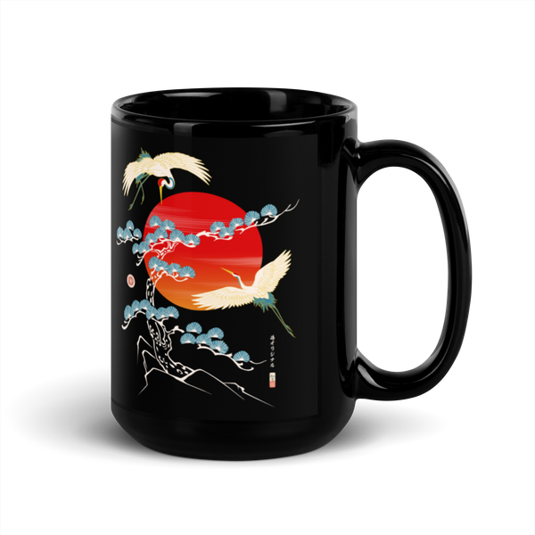 Crane Bird Japanese Ukiyo-e Black Glossy Mug