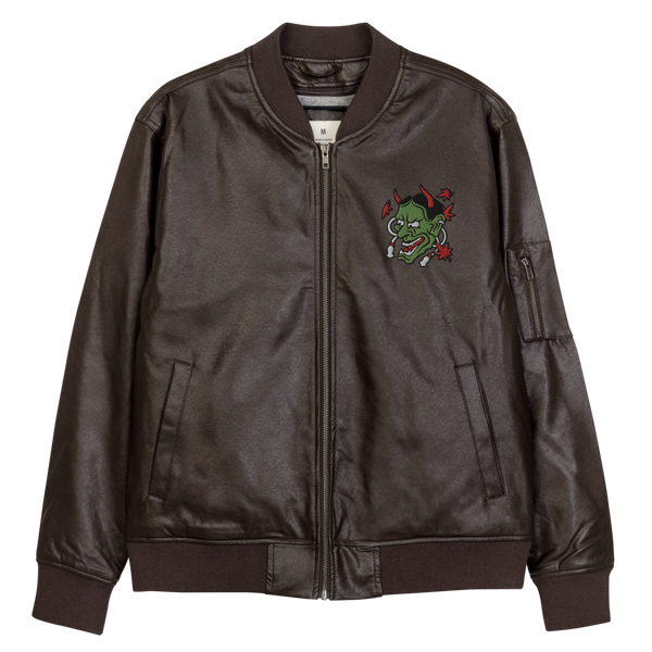 Japanese Hannya Embroidered Leather Bomber Jacket