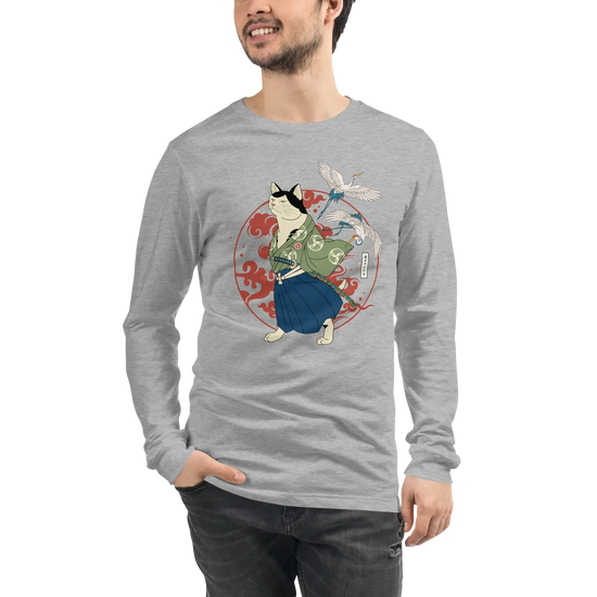 Cat Samurai Funny Ukiyo-e Japanese Unisex Long Sleeve Tee - Athletic Heather / S