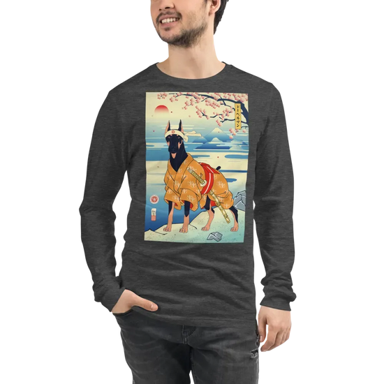 Dog Doberman Pinscher Japanese Ukiyo-e Unisex Long Sleeve Tee - Dark Grey Heather / S