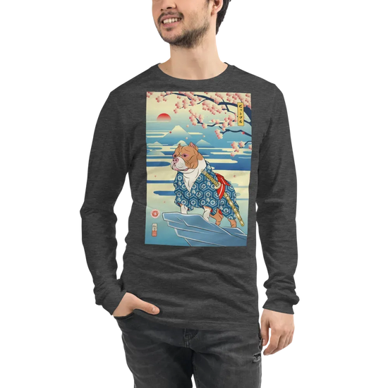 Dog Pitbull Japanese Ukiyo-e Unisex Long Sleeve Tee - Dark Grey Heather / S