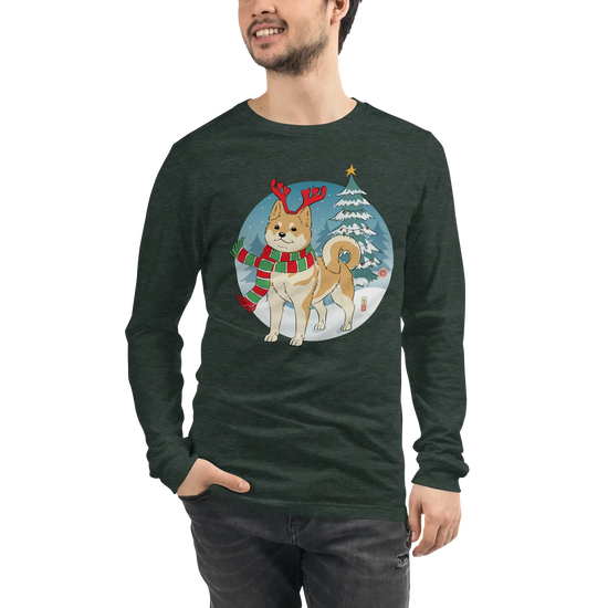 Dog Shiba Funny Christmas Japanese Unisex Long Sleeve Tee - Heather Forest / S