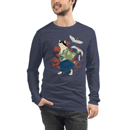 Cat Samurai Funny Ukiyo-e Japanese Unisex Long Sleeve Tee - Heather Navy / S