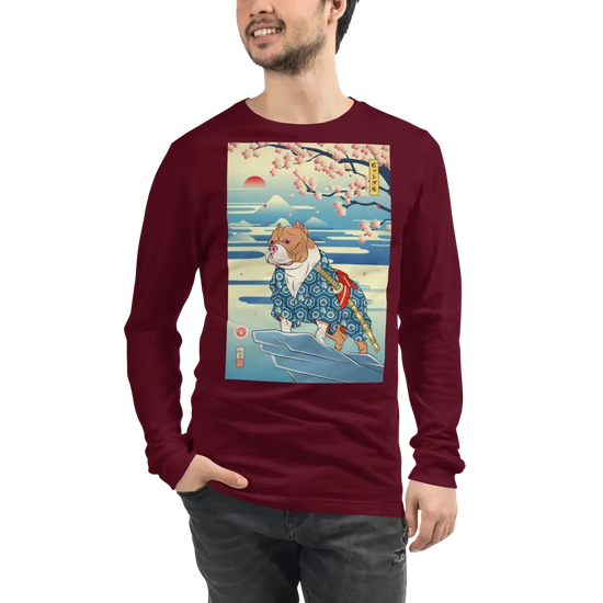Dog Pitbull Japanese Ukiyo-e Unisex Long Sleeve Tee - Maroon / S