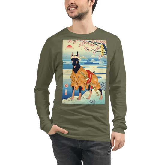 Dog Doberman Pinscher Japanese Ukiyo-e Unisex Long Sleeve Tee - Military Green / S