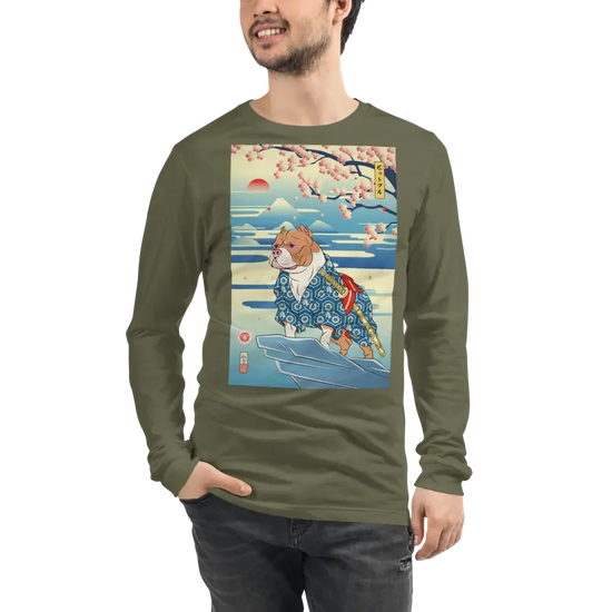 Dog Pitbull Japanese Ukiyo-e Unisex Long Sleeve Tee - Military Green / S