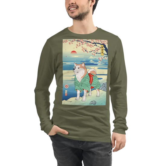 Dog Akita Funny Japanese Ukiyo-e Unisex Long Sleeve Tee - Military Green / S