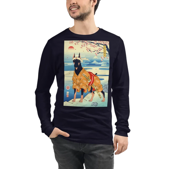Dog Doberman Pinscher Japanese Ukiyo-e Unisex Long Sleeve Tee - Navy / S
