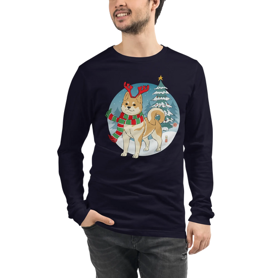 Dog Shiba Funny Christmas Japanese Unisex Long Sleeve Tee - Navy / S