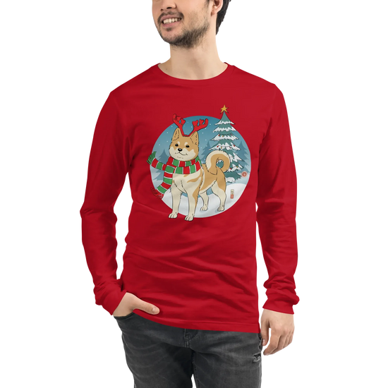 Dog Shiba Funny Christmas Japanese Unisex Long Sleeve Tee - Red / S