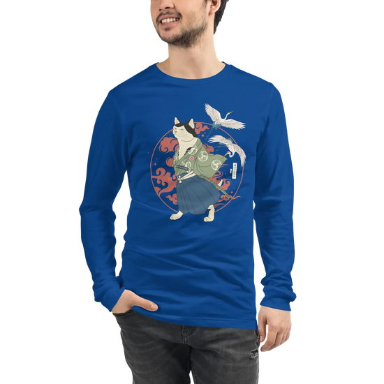 Cat Samurai Funny Ukiyo-e Japanese Unisex Long Sleeve Tee - True Royal / S