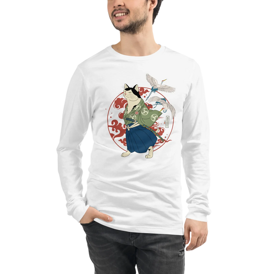 Cat Samurai Funny Ukiyo-e Japanese Unisex Long Sleeve Tee - White / S