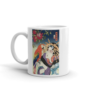 Geisha & Macaw Parrot Bird Japanese Ukiyo-e White Glossy Mug - Samurai Original