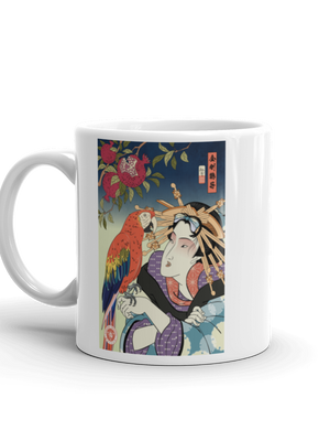 Geisha & Macaw Parrot Bird Japanese Ukiyo-e White Glossy Mug - Samurai Original