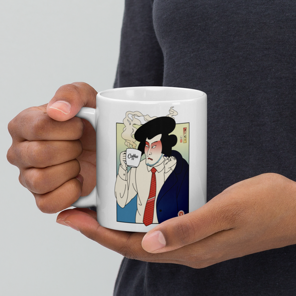 Samurai Drink Coffee Ukiyo-e White Glossy Mug
