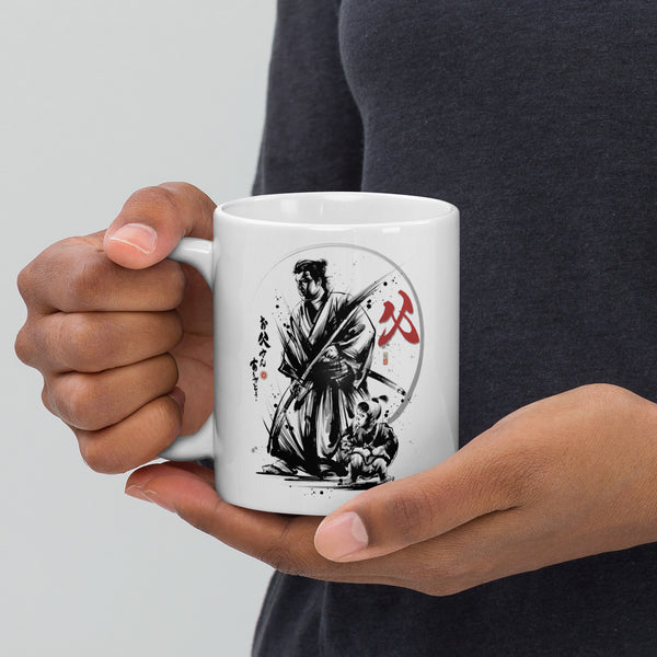Happy Father's Day Sumi-e Japanese Ink White Glossy Mug - Samurai Original