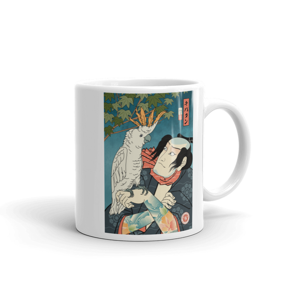 Samurai & Cockatoo Parrot Funny Japanese Ukiyo-e White Glossy Mug