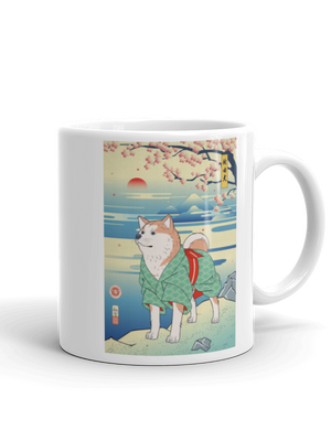 Dog Akita Funny Japanese Ukiyo-e White Glossy Mug - Samurai Original