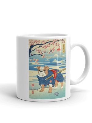 Dog Bulldog Japanese Ukiyo-e White Glossy Mug - Samurai Original