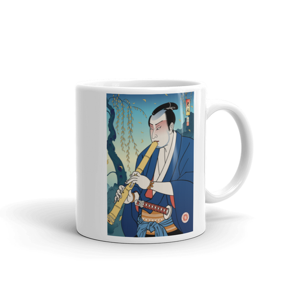 Samurai Play Shakuhachi Bamboo Flute Ukiyo-e White Glossy Mug